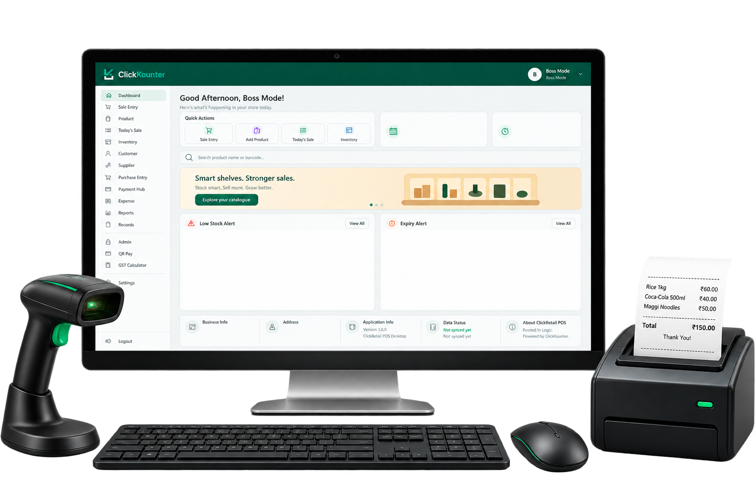 ClickRetail POS workstation with the real dashboard, barcode scanner, keyboard and receipt printer